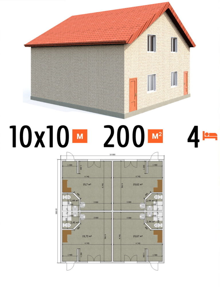 Проект гостиницы 200 кв.м 4 номера 10 на 10 двухэтажная - цена строительства фото и планы