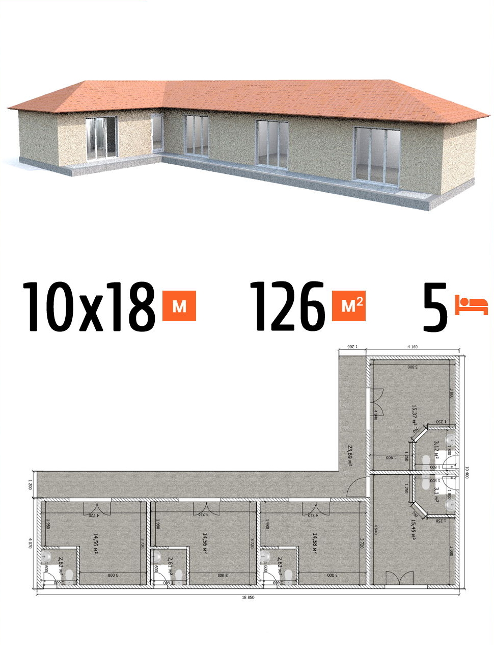 Проект гостиницы 126 кв.м 5 номеров 10 на 18 одноэтажная - цена под чистовую фото и планы