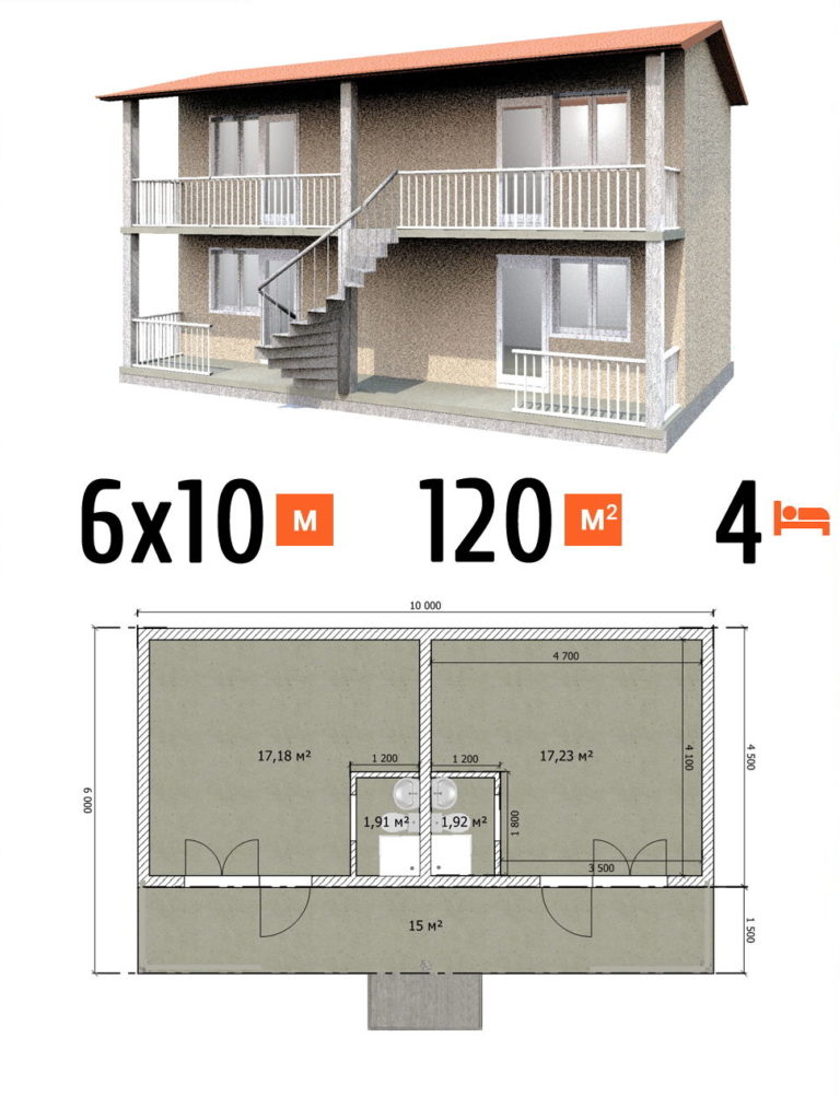 Проект гостиницы 120 кв.м 4 номера 6 на 10 двухэтажная - цена постройки фото и планы