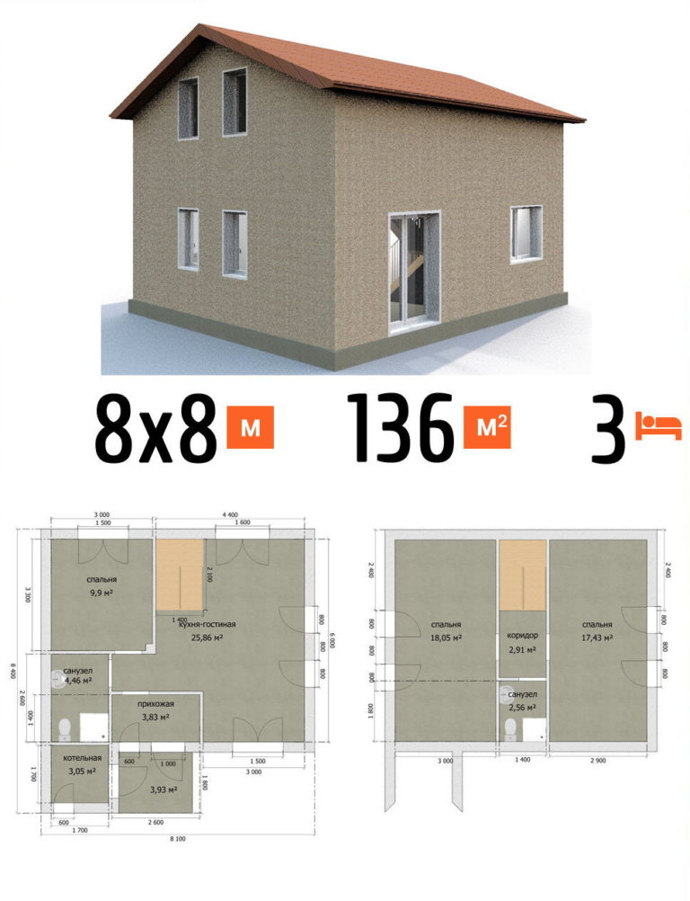 Проект дома 136 кв.м 3 спальни 8 на 8 двухэтажный - цена строительства фото и планы