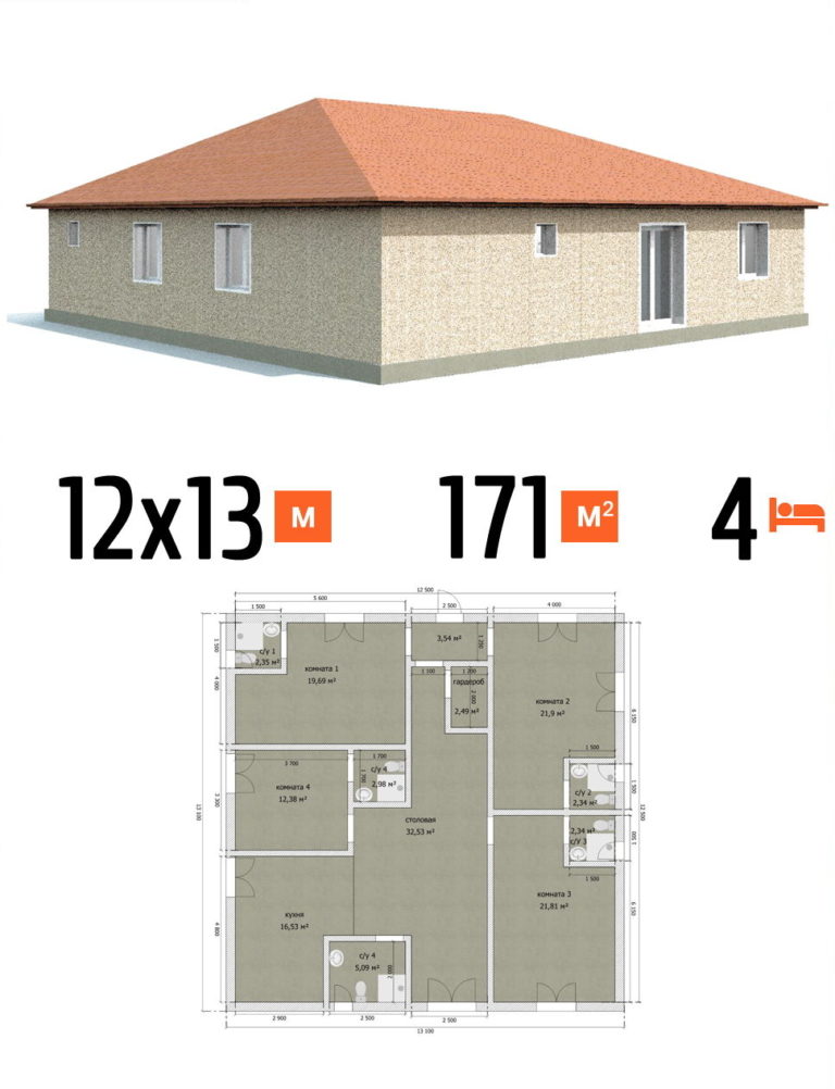 Проект гостиницы 171 кв.м 4 номера 12 на 13 одноэтажная - расчет под ключ фото и планы