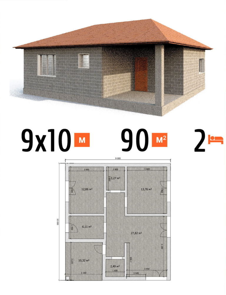 Проект дома 90 кв.м 2 спальни 9 на 10 одноэтажный - расчет под ключ фото и планы