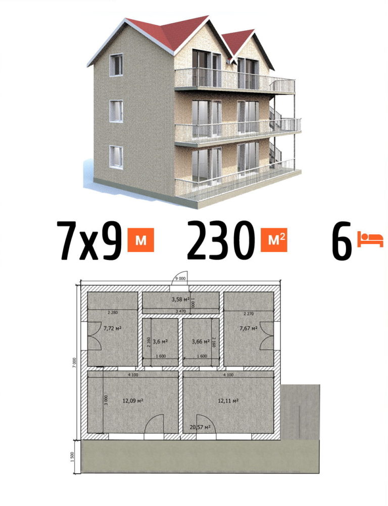 Проект гостиницы 230 кв.м 6 номеров 7 на 9 трехэтажная - цена под чистовую фото и планы