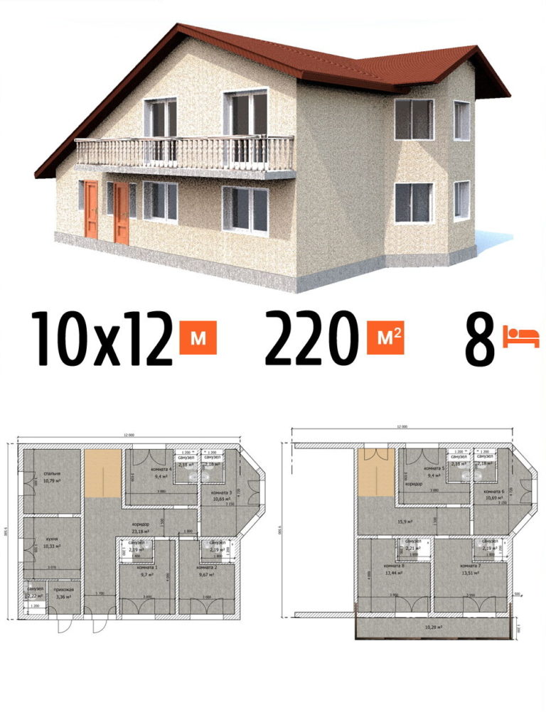 Проект гостиницы 220 кв.м 8 номеров 10 на 12 двухэтажная - цена под ключ фото и планы
