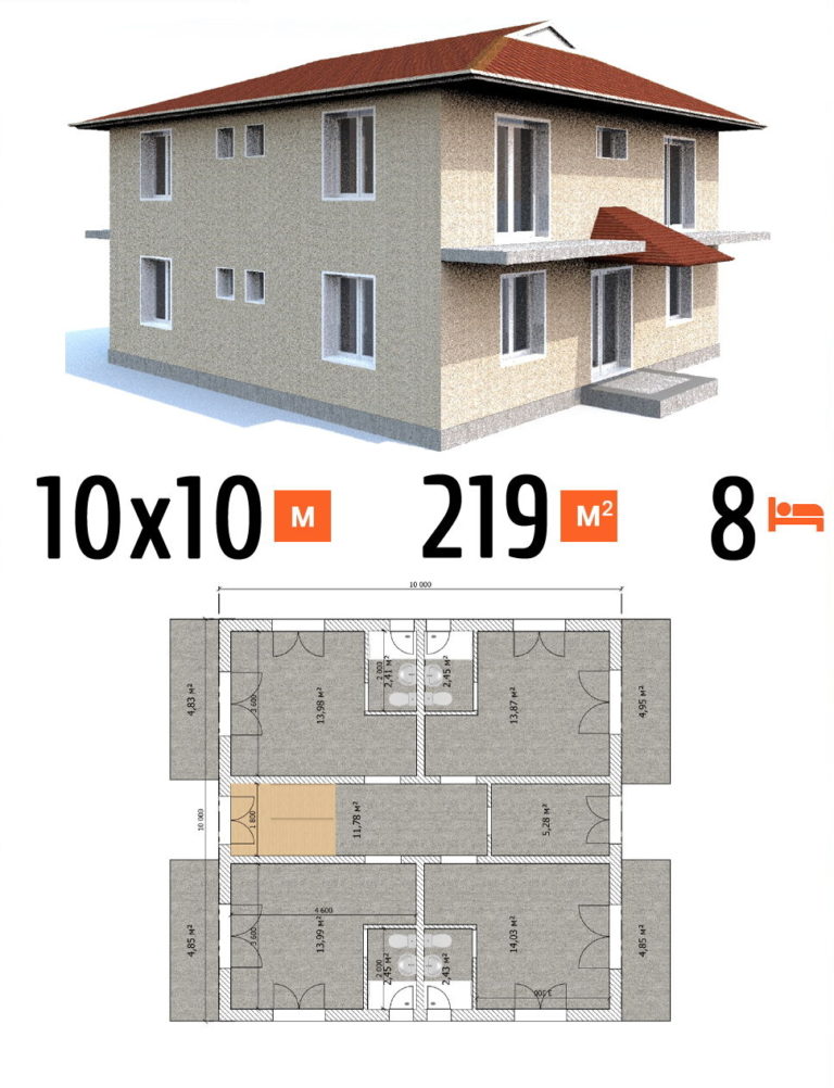 Проект гостиницы 219 кв.м 8 номеров 10 на 10 двухэтажная - цена постройки фото и планы
