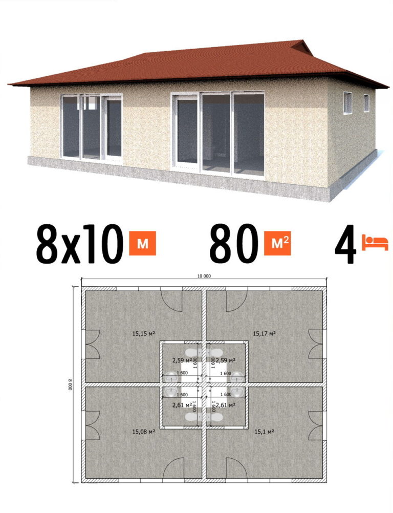 Проект гостиницы 80 кв.м 4 номера 8 на 10 одноэтажная - цена под ключ фото и планы
