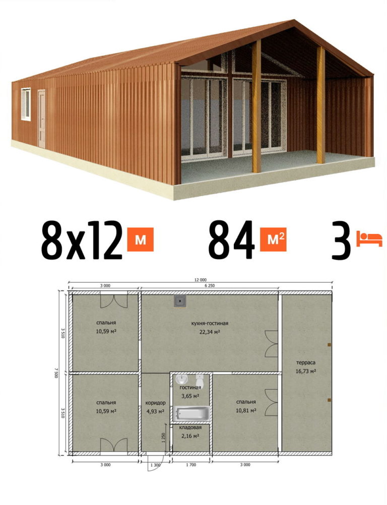 Проект дома 84 кв.м 3 спальни 8 на 12 одноэтажный - стоимость под ключ фото и планы