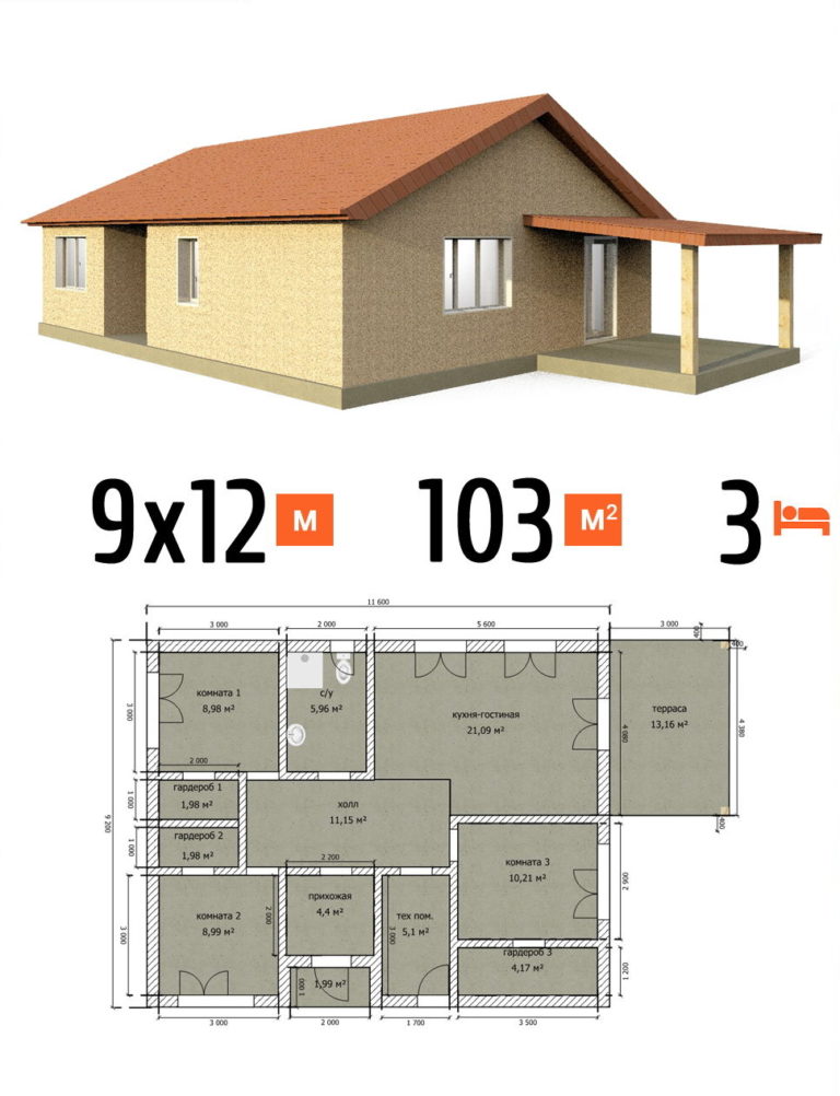 Проект дома 103 кв.м 3 спальни 9 на 12 одноэтажный - расчет под ключ фото и планы