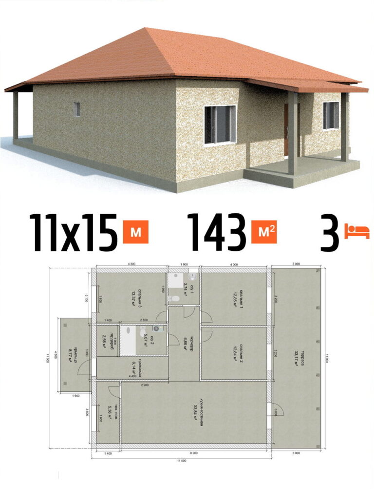 Проект дома 143 кв.м 3 спальни 11 на 15 одноэтажный - цена под чистовую фото и планы